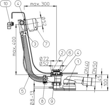 BDW-Ab-, Zu- und Überlaufgarnitur 6/4" mit Kugelgelenksiphon DN50/40 inkl. Schlauchanschluss 8-13mm, Zulauf 3/4", Bowdenzug 60cm und Sichtteilen Edelmessing HL560N.2